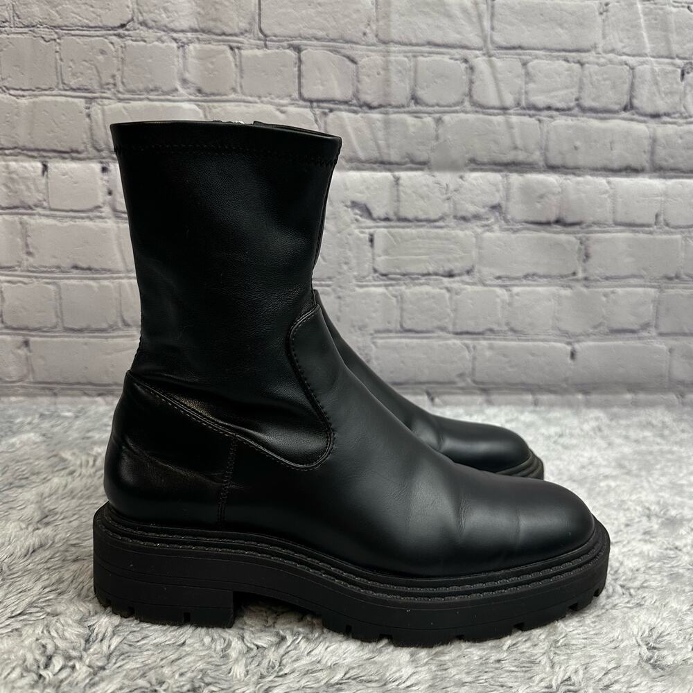 Zara Black Faux Leather Platform Mid-Calf Lug Sole Biker Boots Women's Size 36